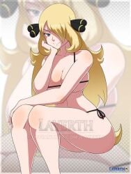 bikini blonde_hair close-up_background cynthia_(pokemon) game_freak grey_eyes hair_over_one_eye huge_breasts long_hair looking_at_viewer nintendo pokemon pokemon_dppt solo thick_thighs