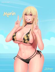 1girls beach bikini blonde_hair choker cleavage dante-grapes double_v floral_print gyaru huge_breasts kitagawa_marin long_fingernails looking_at_viewer magenta_eyes peace_sign sono_bisque_doll_wa_koi_wo_suru v