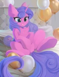 absurd_res balloon bed blue_eyes blue_hair blue_tail chest_tuft clitoris digital_media_(artwork) equid equine eyelashes fan_character female feral fur furniture genitals hair hasbro hi_res hooves horn inflatable kebchach licking licking_lips lying mammal my_little_pony pink_body pink_fur pussy solo tongue tongue_out tuft unicorn unicorn_horn