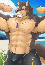 abs anthro bara barazoku beach bulge canid canine canis clothing detailed_bulge domestic_dog flexing flexing_both_biceps german_shepherd herding_dog hi_res jinku_56 lifewonders live-a-hero looking_at_viewer male male_only mammal muscular muscular_anthro muscular_male pastoral_dog pendant pubraseer seaside solo swimming_trunks swimwear video_games