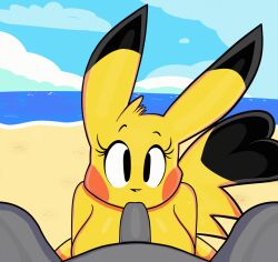 . animated anthro beach bedroom_eyes blackmore breasts cloud cosplay_pikachu duo eyelashes fellatio female first_person_view genitals human male male/female mammal narrowed_eyes nintendo oral penile pikachu pokémon_(species) pokemon pov raised_tail sea seaside seductive sex sky video_games water