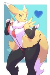 absurd_res anthro bandai_namco braixen breasts canid canine clothing crossover digimon digimon_(species) fae_(vulfox) female fur genitals heart hi_res hybrid juzztie looking_at_viewer mammal medium_breasts nintendo pokémon_(species) pokemon pokemon_(species) pussy renamon smile solo swimwear video_games white_body white_fur yellow_body yellow_fur