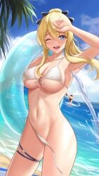 1girls arayuki_(sakurafubuki) armpits beach big_breasts bikini blonde_hair blue_eyes blush breasts curvy female female_only front-tie_top genshin_impact groin hi_res jean_gunnhildr klee_(genshin_impact) looking_at_viewer mature_female navel one_eye_closed ponytail smile solo surfboard underboob untied_bikini wardrobe_malfunction white_bikini