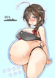 ass blue_eyes blush bra braid breasts brown_hair curvy female female_focus kantai_collection large_breasts long_hair navel panties pregnant sachito shigure_(kantai_collection) solo standing sweat sweatdrop thick_thighs thighs underwear