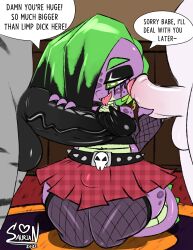 anthro big_ass bulge cheating cucked_by_femboy cuckold femboy femboysub friendship_is_magic gay green_eyes green_hair handjob hasbro male male_only mlp my_little_pony netorare ntr saurian_(artist) size_comparison skirt small_penis_humiliation spike_(mlp) spyke_(saurian) stockings text text_bubble thick_thighs wide_hips