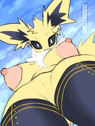 absurd_res anthro areola big_breasts black_sclera breasts chest_tuft clothing cloud eeveelution female fur genitals hi_res jolteon legwear looking_at_viewer looking_down looking_down_at_viewer nintendo nipples nude pokémon_(species) pokemon pukemilked pussy solo star thigh_highs tuft video_games watermark yellow_body yellow_fur