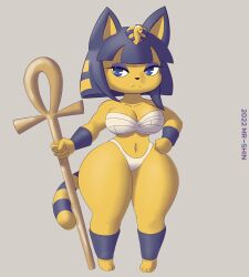 1girls :< animal_crossing ankha anthro big_breasts breasts cleavage felid feline felis female female_only fur furry furry_only hand_on_hip looking_at_viewer looking_back mr-shin nintendo shortstack solo staff standing tail thick_thighs thunder_thighs wide_hips wraps