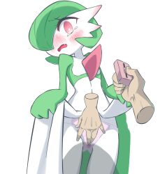 bangs blush bob_cut bright_pupils clothed_pokemon colored_skin commentary_request controller cowboy_shot disembodied_limb ear_blush female fingering fingering_through_clothes flat_chest gardevoir green_hair green_skin hair_over_one_eye highres holding holding_remote_control lifted_by_self looking_at_viewer m3_(gardevoir_m3) multicolored_skin no_breasts nose_blush oerba_yun_fang one_eye_covered open_mouth panties pink_panties pokemon pokemon_(species) pokemon_focus pussy_juice red_eyes remote_control remote_control_vibrator sex_toy short_hair simple_background solo_focus standing tears through_clothes two-tone_skin underwear vibrator vibrator_under_clothes wet wet_clothes wet_panties white_background white_pupils white_skin wide-eyed