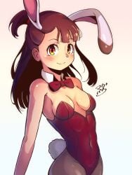 4_ears akko_kagari animal_ears animal_nose animal_tail arms_behind_back bare_arms bare_shoulders blush blush_lines blushing_at_viewer bowtie brown_eyes brown_hair bunny_costume bunny_ears bunny_girl bunny_nose bunny_tail bunnysuit cleavage collar female female_focus female_only hands_behind_back happy leggings little_witch_academia long_hair madabauillust navel navel_line orange_eyes pose posing rabbit_ears rabbit_girl rabbit_humanoid rabbit_tail red_eyes slim slim_waist small_breasts smile smiling smiling_at_viewer thick_thighs thighs tied_hair