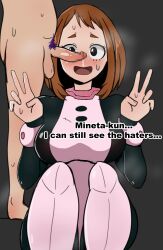 1boy 1girls blush bodysuit breasts brown_hair cant_see_the_haters censored clothed_female_nude_male demonomed double_v female imminent_fellatio imminent_oral large_breasts larger_female looking_at_viewer male minoru_mineta my_hero_academia netorare ntr ochako_uraraka open_mouth peace_sign penis penis_awe penis_on_face precum short_hair size_difference small_penis small_penis_adoration smaller_male smile squatting sweat unseen_male_face