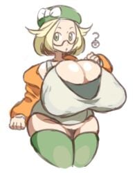 1girls 2022 bianca_(pokemon) big_ass big_breasts big_nipples blonde_hair boob_window cleavage clothed clothing dandere female female_only glasses green_eyes hat huge_breasts nintendo nipple_bulge nipples_visible_through_clothing no_bra no_underwear pokemon pokemon_bw2 thick_thighs unown venus_body wallstapless white_background wide_hips