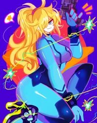 big_breasts bodysuit breasts female frizzy_hair gun homriette metroid samus samus_aran tagme tomboy zero_suit_samus