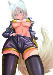 animal_ears bikini breasts female female fox_ears fox_girl fox_tail from_below highres jacket kein_hasegawa large_breasts looking_at_viewer original short_hair shorts smirk swimsuit tail thighhighs thighs white_hair wrench yellow_eyes