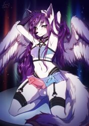 animal_genitalia animal_penis anthro armwear balls bottomwear canid canine canine_penis clothing collar erection femboy fur garter_straps genitals girly hair hi_res kage_korudo knot legwear looking_at_viewer male mammal neon-chan penis purple_hair skirt solo stockings white_body white_fur wings