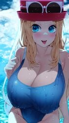 1girls 2022 alternate_breast_size big_breasts blonde_hair blue_eyes blush breasts cleavage competition_swimsuit female female_only hat huge_breasts large_breasts long_hair nintendo one-piece_swimsuit outdoors pokemon pokemon_xy serena_(pokemon) serena_(pokemon_games) smile sumisumii swimsuit very_long_hair water wet wet_body wet_breasts