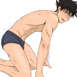 1boy abs artist_name ass ass_focus ass_shake bangs black_hair blue_male_underwear blush fushiguro_megumi gay hair_between_eyes jujutsu_kaisen kenkaru86 kneeling looking_at_viewer male male_focus male_only male_underwear nipples open_mouth pectorals short_hair simple_background solo spiked_hair toned toned_male twink underwear underwear_only white_background