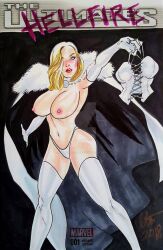 almostheroesart blonde_hair blue_eyes breasts comic comic_cover corset emma_frost giant_breasts hellfire_club huge_breasts looking_at_viewer marvel marvel_comics nipples topless topless_female white_queen x-men