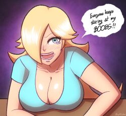 ! 1girls 2022 angry angry_face beg4cake big_breasts blonde_hair blue_eyes breast_press breasts clothed clothing female huge_breasts long_hair mario_(series) mouth nintendo one_eye_covered one_eye_obstructed open_mouth princess_rosalina shiny_breasts shiny_hair shiny_skin text text_bubble yellow_hair