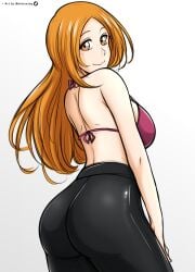 1girls ass bleach clothed female inoue_orihime mistowing simple_background smile tight_clothing white_background yoga_pants