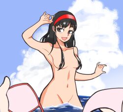 1girls amagi_yukiko bikini_removed black_hair breasts convenient_censorship embarrassed_nude_female hair_censor hair_covering_breasts hairband long_hair naked navel nude nude_female ocean persona persona_4 uc-four wardrobe_malfunction water