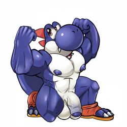 1boy alternate_version_available anthro balls biceps boshi collar crouching eyewear flaccid flexing flexing_bicep flexing_both_biceps genitals hi_res humanoid kyngs male male_only mario_(series) muscular muscular_male nintendo nipples nude pecs penis scalie solo spiked_collar spikes super_mario_rpg thick_thighs video_games yoshi