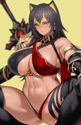 abs animal_ears anthro black_hair blue_eyes blush busty cleavage curvy dark-skinned_female dark_skin dehya_(genshin_impact) female female_only genshin_impact halterneck hi_res looking_at_viewer navel spread_legs squatting sword taesi thick_thighs thighhighs toned toned_female underboob yellow_hair