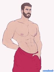 1boy bara beard bulge bulge_down_leg bulge_grab bulge_through_clothing chris_hemsworth gay human human_only light-skinned_male light_skin male_only marvel marvel_cinematic_universe muscular muscular_male nsfw solo solo_male thor_(marvel) thor_(series) towel towel_around_waist towel_wrap vansbeab yaoi