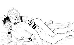 2boys anal anal_sex arm_tattoo ass bite_mark closed_eyes covering_another's_mouth covering_mouth facial_tattoo fushiguro_megumi gagged gay hand_gagged hand_over_another's_mouth hand_over_mouth handgag hickey jujutsu_kaisen looking_at_another lying lying_on_person male male/male male_focus male_only male_penetrating_male monochrome motion_lines multi_eye multiple_boys nail_polish nipples penetration prone_bone ryoumen_sukuna_(jujutsu_kaisen) sex sex_from_behind short_hair shoulder_tattoo spiked_hair tattoo undercut yaoi yuan2372232