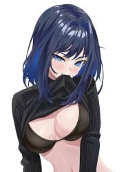 belly belly_button big_breasts bite_shirt blue_hair bra breasts fangs goddess hololive hololive_english hololive_english_-council- hololive_english_-promise- large_breasts ouro_kronii sharp_teeth shirt_bite shirt_lift shirt_up striped_hair tummy virtual_youtuber zeon_(zzeeonn)