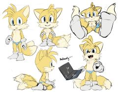 anitwenty annoyed annoyed_expression bulge bulge_through_clothing cub cum gloves kneeling looking_at_viewer pointing_at_viewer small_penis socks sonic_(series) sonic_the_hedgehog_(series) tails tails underwear underwear_around_one_leg underwear_aside underwear_down young