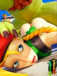 1boy 1girls 2boys 3d ambiguous_penetration anal ass big_ass blanka blonde_hair cammy_white cammy_white_(fortnite) capcom defeated defeated_heroine doggy_style face_down_ass_up female fortnite green_skin guile light-skinned_female male pinned_down rape scar scared_expression sex sex_from_behind sixser straight street_fighter surprised torn_leotard