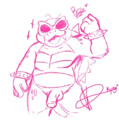 anthro bracelet collar drawn eyewear flaccid flexing flexing_bicep genitals glasses humanoid jewelry koopa koopaling kyngs male male_only mario_(series) nintendo nude penis roy_koopa scalie shell solo spiked_bracelet spiked_collar spikes video_games