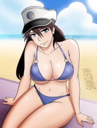 bambietta_basterbine beach bikini bleach bleach:_the_thousand-year_blood_war brown_hair brown_hair_female cap curvy long_hair military_uniform mistowing seductive_gaze tagme thick_thighs watermark