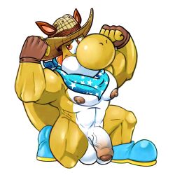 1boy alternate_version_available anthro balls biceps blush clothing collar costume crouching flaccid flexing flexing_bicep flexing_both_biceps genitals gloves handwear hat headgear headwear hi_res humanoid kyngs male male_only mario_(series) mario_kart mario_kart_tour muscular muscular_male neckerchief nintendo nipples nude pecs penis scalie shy solo thick_thighs video_games yoshi yoshi_(character)