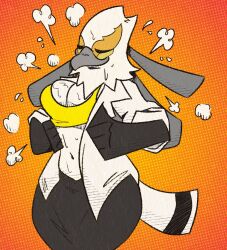 1girls aggressive_retsuko aggretsuko anthro avian beak big_breasts bodily_fluids breasts cleavage closed_eyes clothed clothing female qoolguyart sanrio secretary_bird secretary_washimi smooth_fur solo sweat tagme washimi