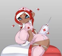 blue_eyes dark-skinned_female dark_skin ear_piercing inklingloe looking_at_viewer nintendo nurse nurse_cap nurse_hat nurse_uniform octoling octoling_girl octolingloe pill red_hair round_ears splatoon splatoon_(series) splatoon_2 syringe tentacle tentacle_hair white_gloves white_hair