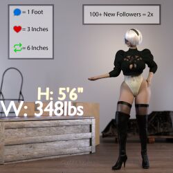 1girls 3d big_breasts bradengts breasts clothing expansion female female_only growth light-skinned_female light_skin nier nier:_automata standing text thighhighs yorha_2b