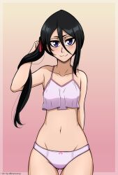 1girls ass_visible_through_thighs bare_shoulders belly belly_button black_hair bleach blue_eyes blush bra clothed ears eyebrows female female_focus female_only hair hair_between_eyes hair_ornament highres kuchiki_rukia long_hair looking_at_viewer mistowing mouth_closed panties partially_clothed petite pink_background ponytail shoulders simple_background small_breasts smile solo standing tagme thighs thin_waist touching_hair underwear watermark wide_hips