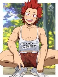 0027woo 1boy balls_outline blush boots cartoony dyed_hair eijirou_kirishima humanoid humanoid_penis male male_nipples male_only mesh_shorts muscular_male my_hero_academia peace_sign pecs penis_outline red_eyes red_hair see-through_clothing shorts smile smooth_skinned_male solo spiky_hair tank_top