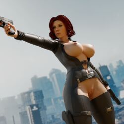 1girls 3d artist_request black_widow_(marvel) bodysuit breasts_out busty crotchless crotchless_pants cutout female female_focus female_only functionally_nude gun human human_only light-skinned_female light_skin marvel marvel_cinematic_universe natasha_romanoff outside red_hair scarlett_johansson solo solo_female tagme tight_pussy unzipped unzipped_bodysuit weapon