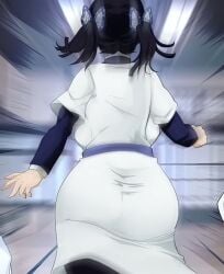 action_lines apron ass ass_focus ass_in_dress backboob big_ass big_butt black_hair butterfly_hair_ornament comicomryu demon_slayer female female_only fully_clothed kanzaki_aoi_(kimetsu_no_yaiba) kimetsu_no_yaiba rear_view ryumxr solo twintails uniform wide_hips