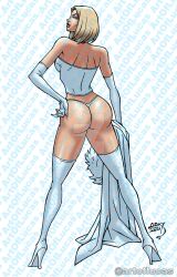 1girls ass ass_focus blonde_hair bubble_butt cape comic dat_ass distracting_watermark elbow_gloves emma_frost female female_only hellfire_club holding_cape huge_breasts lingerie looking_at_viewer looking_back lucas_ackerman marvel marvel_comics solo thighhighs thong thong_panties watermark white_queen white_thong x-men