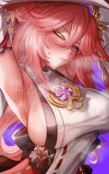 armpit_fetish armpits arms_up big_breasts cum cum_on_armpit genshin_impact looking_at_viewer nompang pink_hair purple_eyes sweat yae_miko