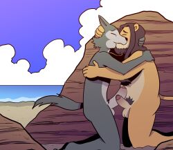 absurd_res anthro balls beach beastars big_penis canid canine canis duo embrace erection felid foreskin genitals hi_res hug kissing kneeling kodiak079 kodiak_(kodiak079) legoshi_(beastars) lion male male/male mammal nude pantherine penis penis_size_difference pubes sea seaside sky t0l0k water wolf