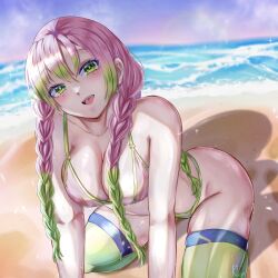 all_fours alternate_costume bangs beach big_breasts bikini blush braided_hair cleavage demon_slayer female female_only green_eyes kanroji_mitsuri kimetsu_no_yaiba klopsiak long_hair looking_at_viewer mole_under_eye outside pink_hair smile solo swimsuit thighhighs two_tone_hair wet_skin zettai_ryouiki