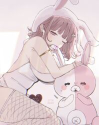 biting breasts bunny_ears bunny_girl bunnysuit danganronpa danganronpa_2:_goodbye_despair female_only large_breasts monomi_(danganronpa) nanami_chiaki o_7stx straight_hair super_danganronpa_2 thighs