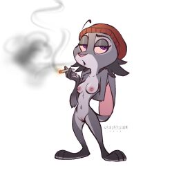 annabelle_hopps_(siroc) anthro areola beanie breasts clothing disney drugs fan_character female fur genitals grey_body grey_fur hat headgear headwear lagomorph leporid looking_aside mammal marijuana multicolored_body navel nipples nonsexual_nudity nude paws purple_eyes pussy rabbit serareldeer simple_background small_breasts smoking solo two_tone_body white_background white_body white_fur zootopia