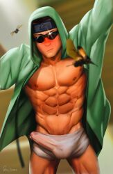 1boy aburame_shino boner bugs embarrassed erect_penis erection erection_under_clothes flustered glasses hard_on male male_only muscles muscular muscular_male naruto naruto_shippuden open_shirt posing qai_san see-through solo solo_male teen_boy uncensored yaoi