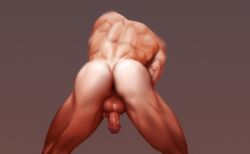 1boy ass back_muscles bending_over boner erect_penis erection grundle hole_(anatomy) male male_only muscles muscular_male qai_san solo tanlines teasing unnamed_character