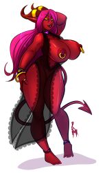 anklet areolae bracelet cleavage demon demon_girl dress horns huge_breasts long_hair lovelydagger nipple_piercing nipples pink_hair red_skin revealing_clothes solo tail yellow_eyes